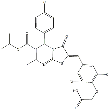 {2,6-dichloro-4-[(5-(4-chlorophenyl)-6-(isopropoxycarbonyl)-7-methyl-3-oxo-5H-[1,3]thiazolo[3,2-a]pyrimidin-2(3H)-ylidene)methyl]phenoxy}acetic acid Struktur