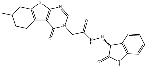 2-(7-methyl-4-oxo-5,6,7,8-tetrahydro[1]benzothieno[2,3-d]pyrimidin-3(4H)-yl)-N'-(2-oxo-1,2-dihydro-3H-indol-3-ylidene)acetohydrazide Struktur