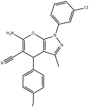6-amino-1-(3-chlorophenyl)-4-(4-fluorophenyl)-3-methyl-1,4-dihydropyrano[2,3-c]pyrazole-5-carbonitrile Struktur