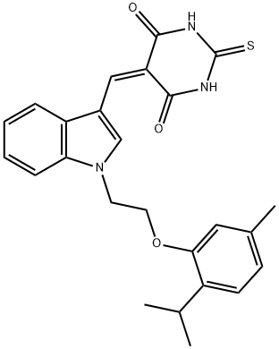 5-{[1-(2-{[5-methyl-2-(1-methylethyl)phenyl]oxy}ethyl)-1H-indol-3-yl]methylidene}-2-thioxodihydropyrimidine-4,6(1H,5H)-dione 化学構造式