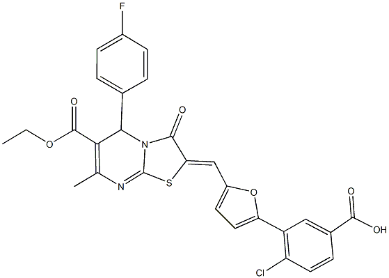 4-chloro-3-{5-[(6-(ethoxycarbonyl)-5-(4-fluorophenyl)-7-methyl-3-oxo-5H-[1,3]thiazolo[3,2-a]pyrimidin-2(3H)-ylidene)methyl]-2-furyl}benzoic acid|