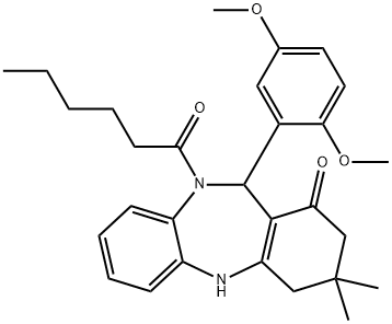 11-(2,5-dimethoxyphenyl)-10-hexanoyl-3,3-dimethyl-2,3,4,5,10,11-hexahydro-1H-dibenzo[b,e][1,4]diazepin-1-one Struktur