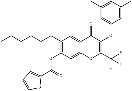 3-(3,5-dimethylphenoxy)-6-hexyl-4-oxo-2-(trifluoromethyl)-4H-chromen-7-yl 2-thiophenecarboxylate 结构式