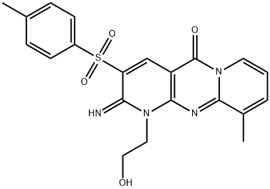 1-(2-hydroxyethyl)-2-imino-10-methyl-3-[(4-methylphenyl)sulfonyl]-1,2-dihydro-5H-dipyrido[1,2-a:2,3-d]pyrimidin-5-one Struktur