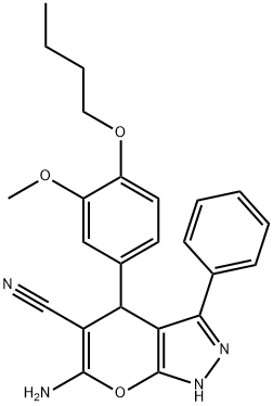 6-amino-4-(4-butoxy-3-methoxyphenyl)-3-phenyl-2,4-dihydropyrano[2,3-c]pyrazole-5-carbonitrile 结构式