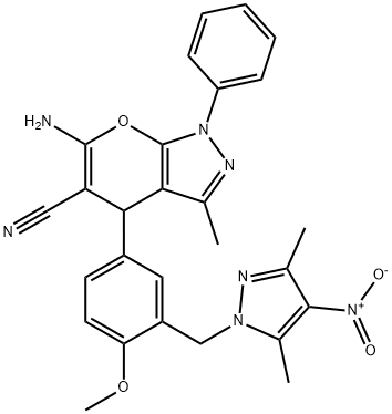 6-amino-4-[3-({4-nitro-3,5-dimethyl-1H-pyrazol-1-yl}methyl)-4-methoxyphenyl]-3-methyl-1-phenyl-1,4-dihydropyrano[2,3-c]pyrazole-5-carbonitrile 结构式