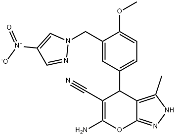 6-amino-4-[3-({4-nitro-1H-pyrazol-1-yl}methyl)-4-methoxyphenyl]-3-methyl-1,4-dihydropyrano[2,3-c]pyrazole-5-carbonitrile Structure