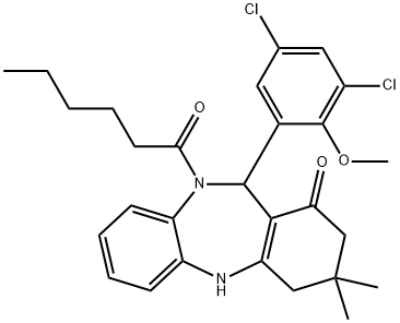 11-(3,5-dichloro-2-methoxyphenyl)-10-hexanoyl-3,3-dimethyl-2,3,4,5,10,11-hexahydro-1H-dibenzo[b,e][1,4]diazepin-1-one Structure