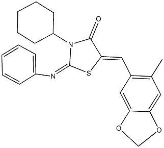 3-cyclohexyl-5-[(6-methyl-1,3-benzodioxol-5-yl)methylene]-2-(phenylimino)-1,3-thiazolidin-4-one 结构式