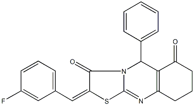 2-(3-fluorobenzylidene)-5-phenyl-8,9-dihydro-5H-[1,3]thiazolo[2,3-b]quinazoline-3,6(2H,7H)-dione 结构式
