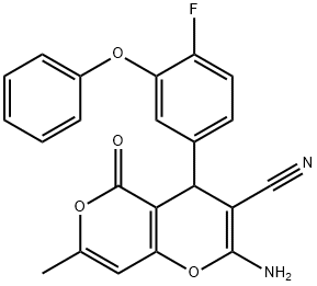 2-amino-4-[4-fluoro-3-(phenyloxy)phenyl]-7-methyl-5-oxo-4H,5H-pyrano[4,3-b]pyran-3-carbonitrile 结构式