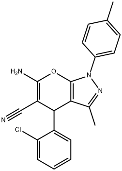 6-amino-4-(2-chlorophenyl)-3-methyl-1-(4-methylphenyl)-1,4-dihydropyrano[2,3-c]pyrazole-5-carbonitrile,371133-46-9,结构式