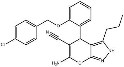 6-amino-4-{2-[(4-chlorobenzyl)oxy]phenyl}-3-propyl-2,4-dihydropyrano[2,3-c]pyrazole-5-carbonitrile,371138-91-9,结构式