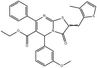 ethyl 5-(3-methoxyphenyl)-2-[(3-methyl-2-thienyl)methylene]-3-oxo-7-phenyl-2,3-dihydro-5H-[1,3]thiazolo[3,2-a]pyrimidine-6-carboxylate 化学構造式