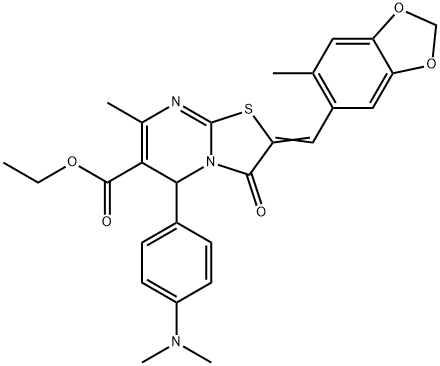 ethyl 5-[4-(dimethylamino)phenyl]-7-methyl-2-[(6-methyl-1,3-benzodioxol-5-yl)methylene]-3-oxo-2,3-dihydro-5H-[1,3]thiazolo[3,2-a]pyrimidine-6-carboxylate Structure