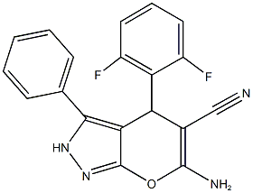 6-amino-4-(2,6-difluorophenyl)-3-phenyl-2,4-dihydropyrano[2,3-c]pyrazole-5-carbonitrile Structure