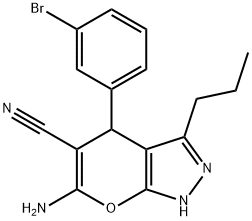 6-amino-4-(3-bromophenyl)-3-propyl-1,4-dihydropyrano[2,3-c]pyrazole-5-carbonitrile 结构式