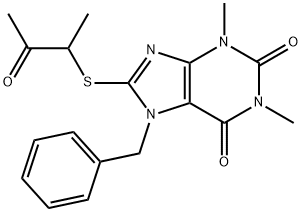 7-benzyl-1,3-dimethyl-8-[(1-methyl-2-oxopropyl)thio]-3,7-dihydro-1H-purine-2,6-dione Struktur