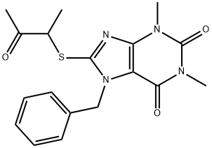 7-benzyl-1,3-dimethyl-8-[(1-methyl-2-oxopropyl)thio]-3,7-dihydro-1H-purine-2,6-dione 化学構造式