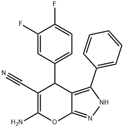 6-amino-4-(3,4-difluorophenyl)-3-phenyl-2,4-dihydropyrano[2,3-c]pyrazole-5-carbonitrile Struktur
