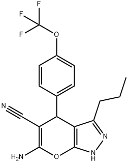 6-amino-3-propyl-4-{4-[(trifluoromethyl)oxy]phenyl}-1,4-dihydropyrano[2,3-c]pyrazole-5-carbonitrile,371234-49-0,结构式