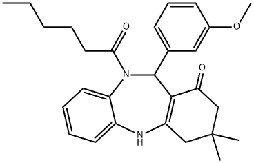 10-hexanoyl-11-(3-methoxyphenyl)-3,3-dimethyl-2,3,4,5,10,11-hexahydro-1H-dibenzo[b,e][1,4]diazepin-1-one 结构式