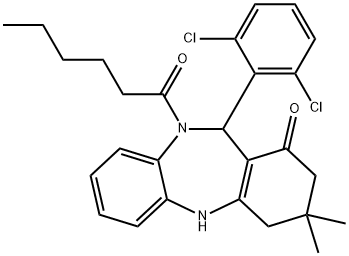 11-(2,6-dichlorophenyl)-10-hexanoyl-3,3-dimethyl-2,3,4,5,10,11-hexahydro-1H-dibenzo[b,e][1,4]diazepin-1-one Struktur