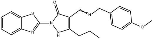 2-(1,3-benzothiazol-2-yl)-4-{[(4-methoxybenzyl)imino]methyl}-5-propyl-1,2-dihydro-3H-pyrazol-3-one Struktur