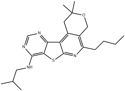 N-(5-butyl-2,2-dimethyl-1,4-dihydro-2H-pyrano[4'',3'':4',5']pyrido[3',2':4,5]thieno[3,2-d]pyrimidin-8-yl)-N-isobutylamine 化学構造式