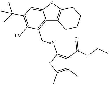 ethyl 2-{[(3-tert-butyl-2-hydroxy-6,7,8,9-tetrahydrodibenzo[b,d]furan-1-yl)methylene]amino}-4,5-dimethyl-3-thiophenecarboxylate 结构式