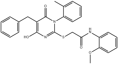 2-{[5-benzyl-4-hydroxy-1-(2-methylphenyl)-6-oxo-1,6-dihydro-2-pyrimidinyl]sulfanyl}-N-(2-methoxyphenyl)acetamide 结构式