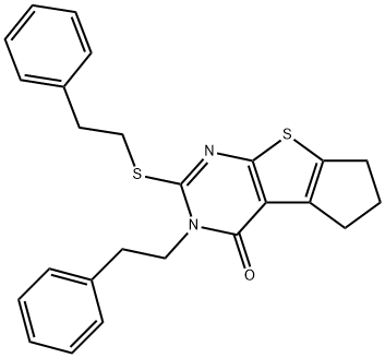3-(2-phenylethyl)-2-[(2-phenylethyl)sulfanyl]-3,5,6,7-tetrahydro-4H-cyclopenta[4,5]thieno[2,3-d]pyrimidin-4-one Struktur