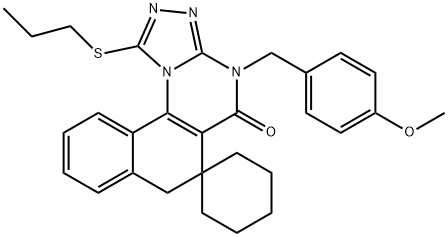 4-(4-methoxybenzyl)-1-(propylsulfanyl)-6,7-dihydrospiro(benzo[h][1,2,4]triazolo[4,3-a]quinazoline-6,1'-cyclohexane)-5(4H)-one Struktur