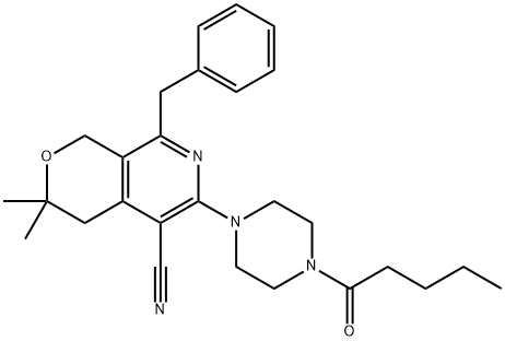 8-benzyl-3,3-dimethyl-6-(4-pentanoyl-1-piperazinyl)-3,4-dihydro-1H-pyrano[3,4-c]pyridine-5-carbonitrile 结构式