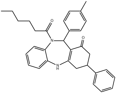 10-hexanoyl-11-(4-methylphenyl)-3-phenyl-2,3,4,5,10,11-hexahydro-1H-dibenzo[b,e][1,4]diazepin-1-one Structure