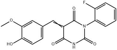 1-(2-fluorophenyl)-5-(4-hydroxy-3-methoxybenzylidene)-2,4,6(1H,3H,5H)-pyrimidinetrione 化学構造式