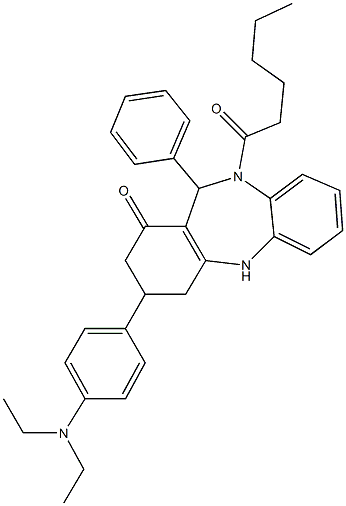 3-[4-(diethylamino)phenyl]-10-hexanoyl-11-phenyl-2,3,4,5,10,11-hexahydro-1H-dibenzo[b,e][1,4]diazepin-1-one 结构式