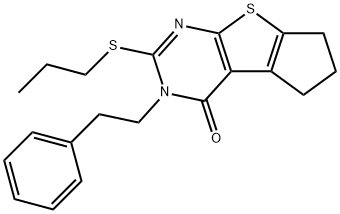 3-(2-phenylethyl)-2-(propylsulfanyl)-3,5,6,7-tetrahydro-4H-cyclopenta[4,5]thieno[2,3-d]pyrimidin-4-one 化学構造式