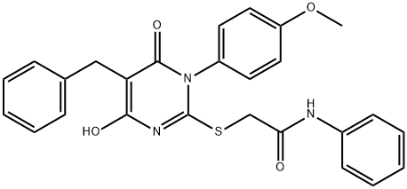 2-{[5-benzyl-4-hydroxy-1-(4-methoxyphenyl)-6-oxo-1,6-dihydro-2-pyrimidinyl]sulfanyl}-N-phenylacetamide 化学構造式