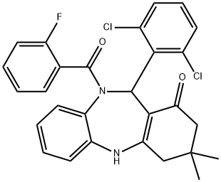 11-(2,6-dichlorophenyl)-10-(2-fluorobenzoyl)-3,3-dimethyl-2,3,4,5,10,11-hexahydro-1H-dibenzo[b,e][1,4]diazepin-1-one 化学構造式