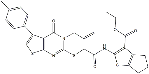 ethyl 2-[({[3-allyl-5-(4-methylphenyl)-4-oxo-3,4-dihydrothieno[2,3-d]pyrimidin-2-yl]sulfanyl}acetyl)amino]-5,6-dihydro-4H-cyclopenta[b]thiophene-3-carboxylate 结构式