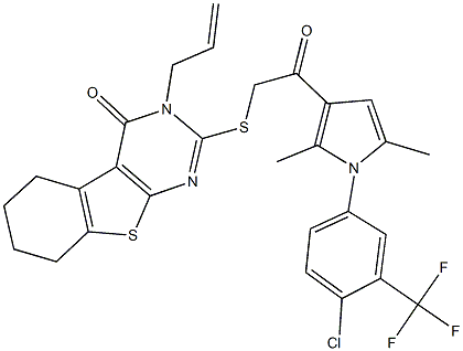 3-allyl-2-[(2-{1-[4-chloro-3-(trifluoromethyl)phenyl]-2,5-dimethyl-1H-pyrrol-3-yl}-2-oxoethyl)sulfanyl]-5,6,7,8-tetrahydro[1]benzothieno[2,3-d]pyrimidin-4(3H)-one,374693-54-6,结构式