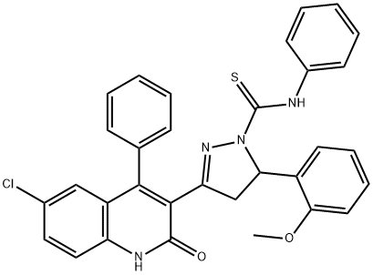 3-(6-chloro-2-oxo-4-phenyl-1,2-dihydro-3-quinolinyl)-5-(2-methoxyphenyl)-N-phenyl-4,5-dihydro-1H-pyrazole-1-carbothioamide 化学構造式