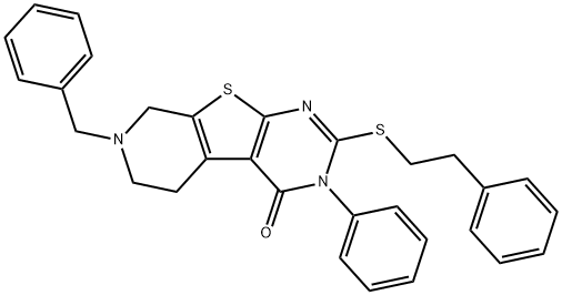 7-benzyl-3-phenyl-2-[(2-phenylethyl)sulfanyl]-5,6,7,8-tetrahydropyrido[4',3':4,5]thieno[2,3-d]pyrimidin-4(3H)-one Struktur