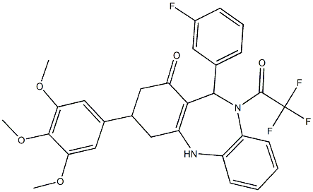 11-(3-fluorophenyl)-10-(trifluoroacetyl)-3-(3,4,5-trimethoxyphenyl)-2,3,4,5,10,11-hexahydro-1H-dibenzo[b,e][1,4]diazepin-1-one Struktur