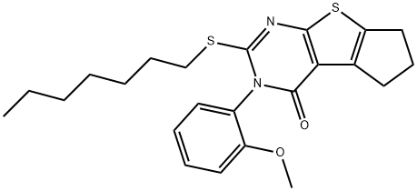 2-(heptylsulfanyl)-3-(2-methoxyphenyl)-3,5,6,7-tetrahydro-4H-cyclopenta[4,5]thieno[2,3-d]pyrimidin-4-one 结构式