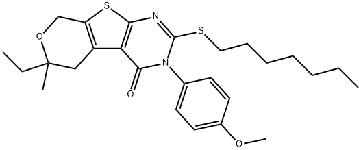 6-ethyl-2-(heptylsulfanyl)-3-(4-methoxyphenyl)-6-methyl-3,5,6,8-tetrahydro-4H-pyrano[4',3':4,5]thieno[2,3-d]pyrimidin-4-one,375829-88-2,结构式