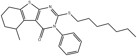 2-(heptylsulfanyl)-5-methyl-3-phenyl-5,6,7,8-tetrahydro[1]benzothieno[2,3-d]pyrimidin-4(3H)-one Structure