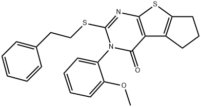 3-(2-methoxyphenyl)-2-[(2-phenylethyl)sulfanyl]-3,5,6,7-tetrahydro-4H-cyclopenta[4,5]thieno[2,3-d]pyrimidin-4-one 化学構造式