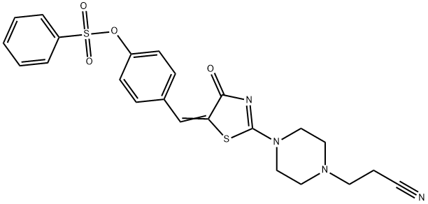 4-[(2-[4-(2-cyanoethyl)-1-piperazinyl]-4-oxo-1,3-thiazol-5(4H)-ylidene)methyl]phenyl benzenesulfonate Struktur